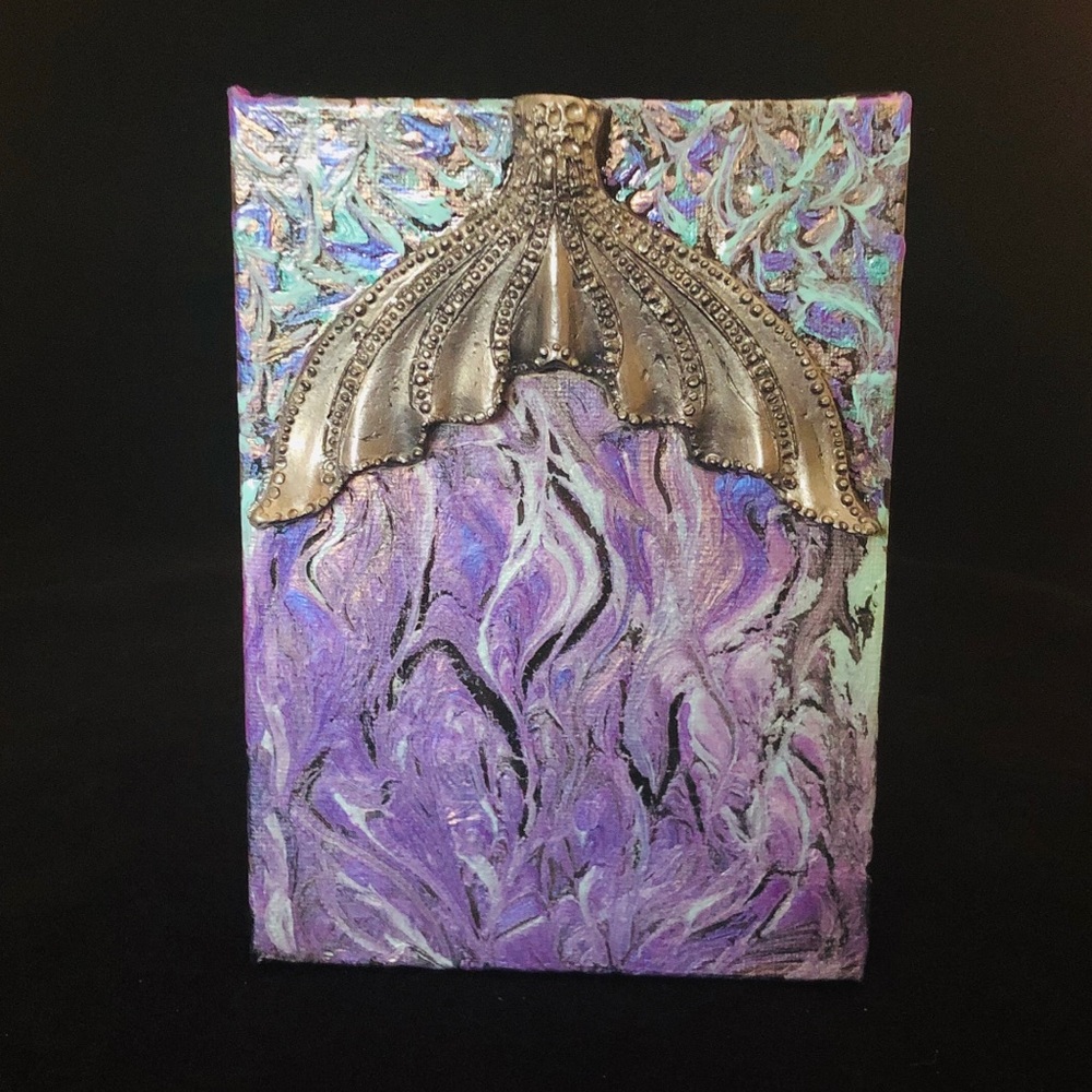 Dark Mermaid Tail Mixed Media Canvas Art  7" X 5"